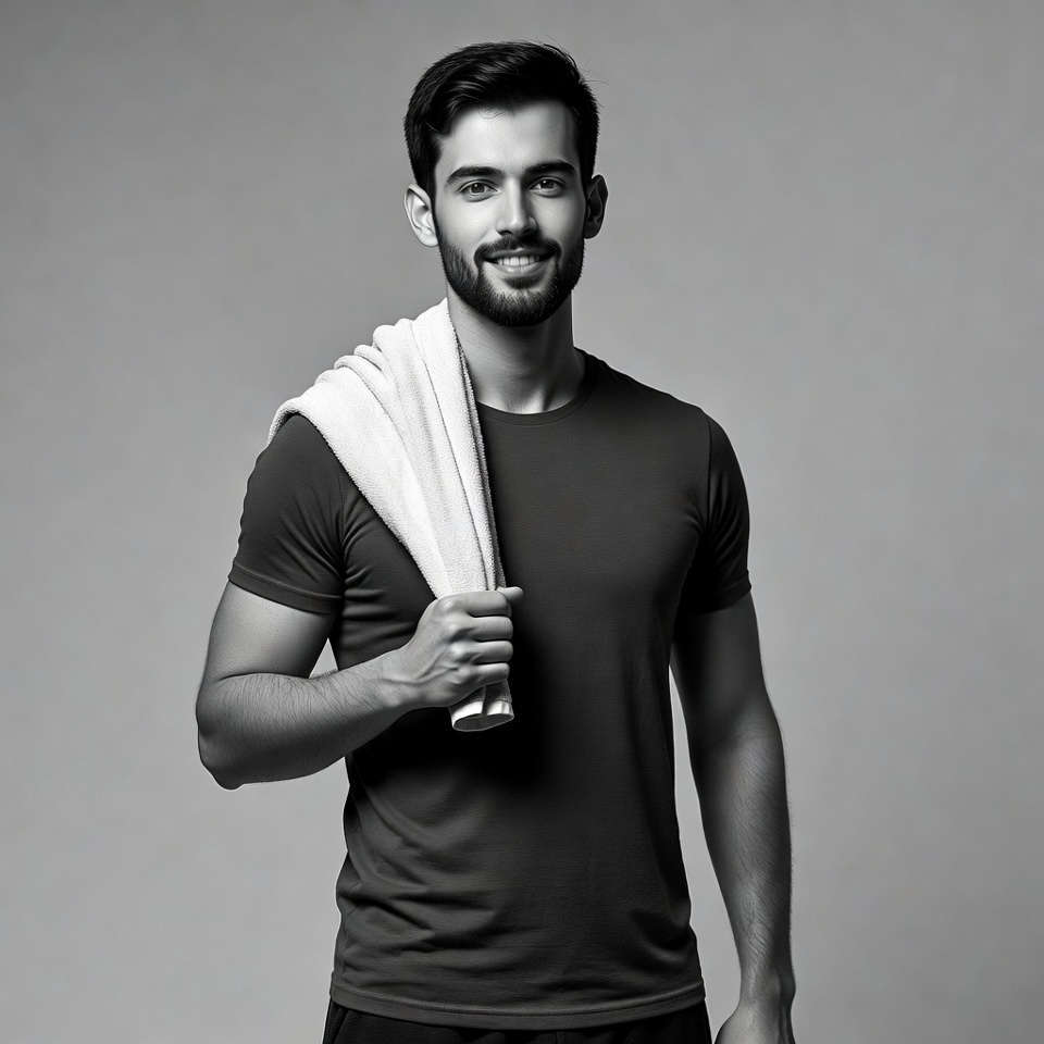 Handsome man with towel over shoulder Handsome man with towel over shoulder