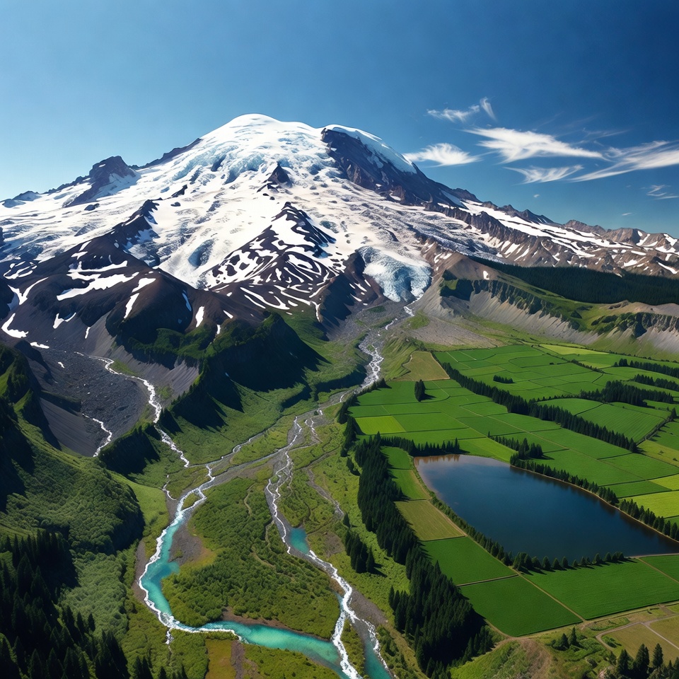 Mount Rainier with green fields and river Mount Rainier with green fields and river