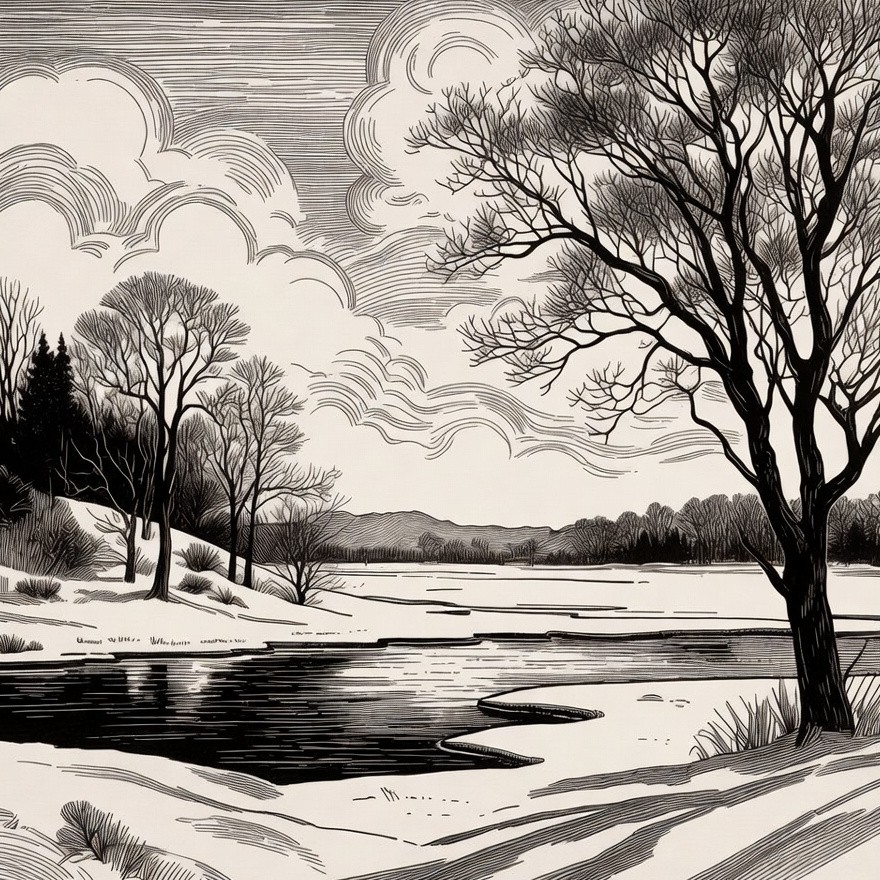 Winter Landscape with Trees and Frozen River Winter Landscape with Trees and Frozen River