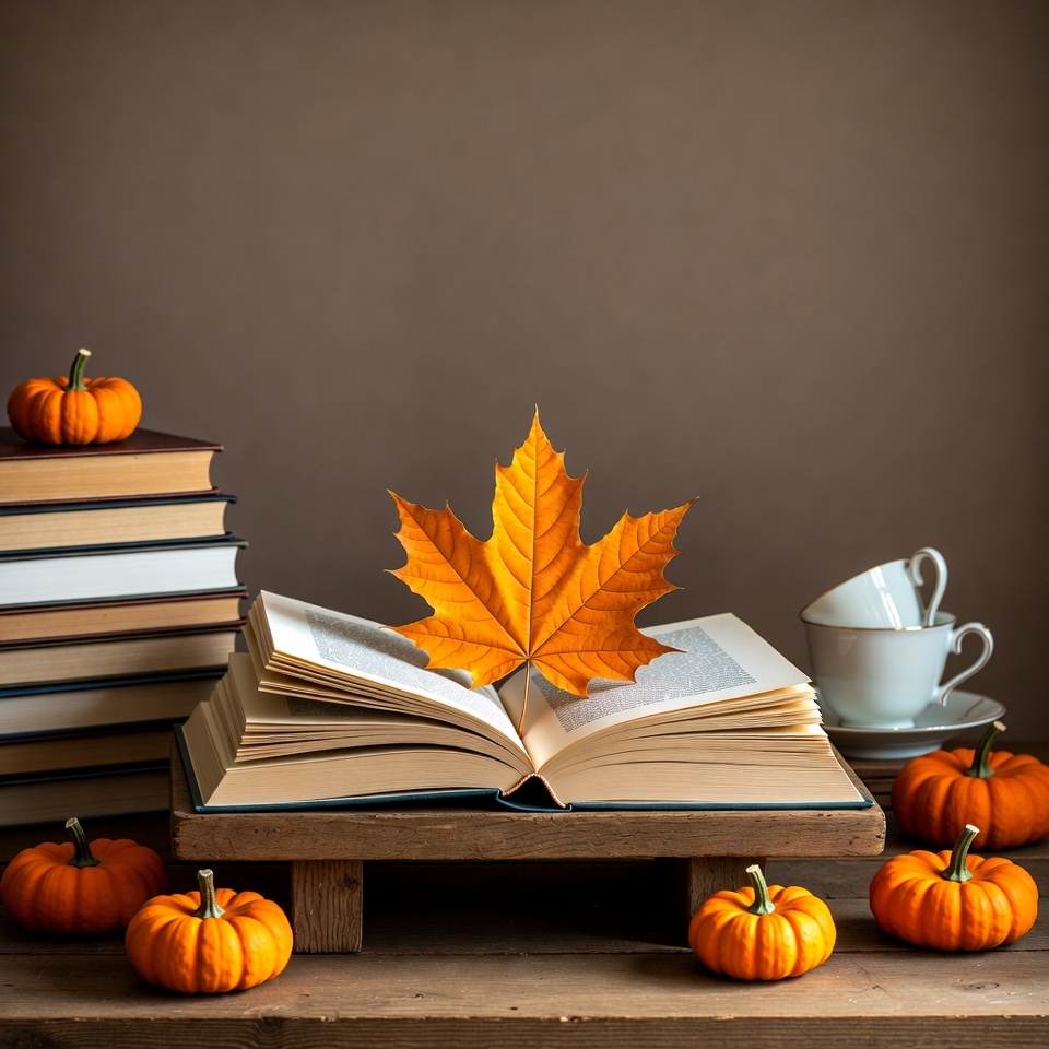 Open Book with Autumn Leaves and Pumpkins Open Book with Autumn Leaves and Pumpkins