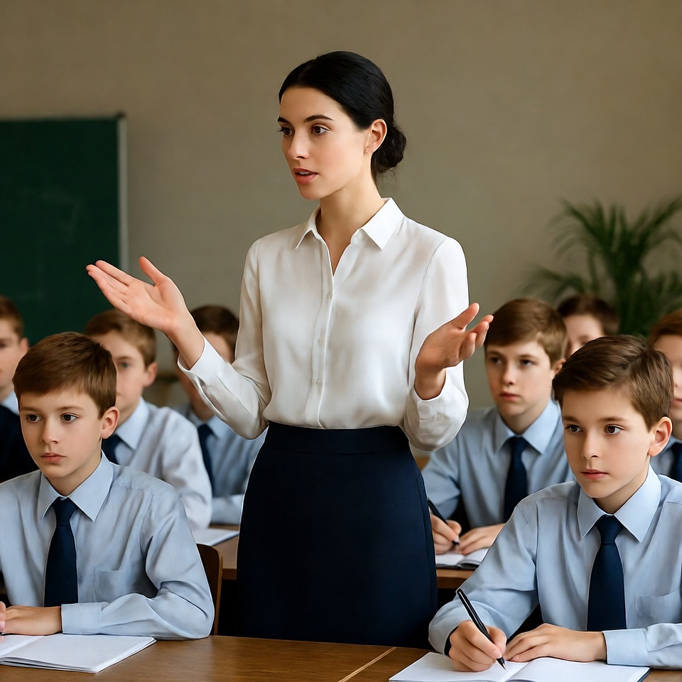 Teacher instructing boys in classroom Teacher instructing boys in classroom