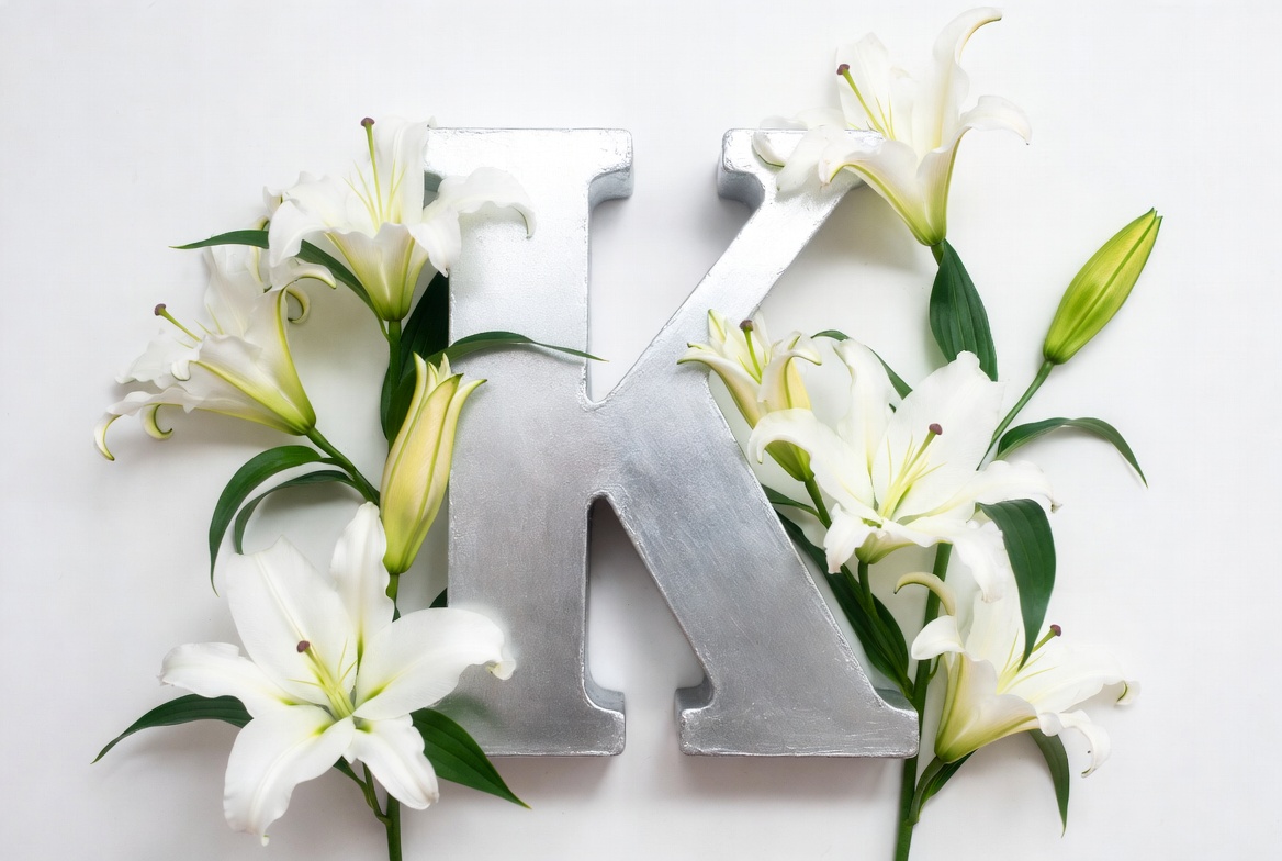 Silver K Letter with White Lilies Silver K Letter with White Lilies