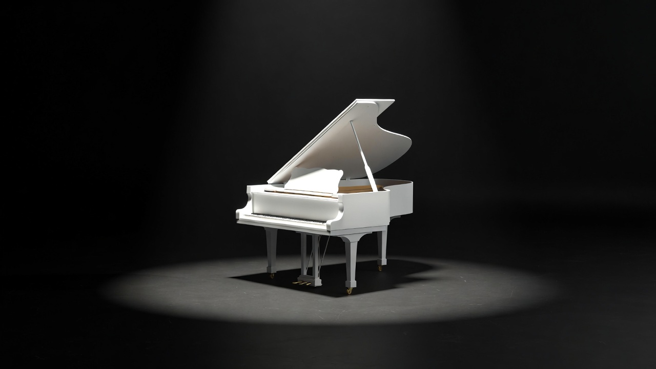 White Grand Piano on Dark Stage White Grand Piano on Dark Stage