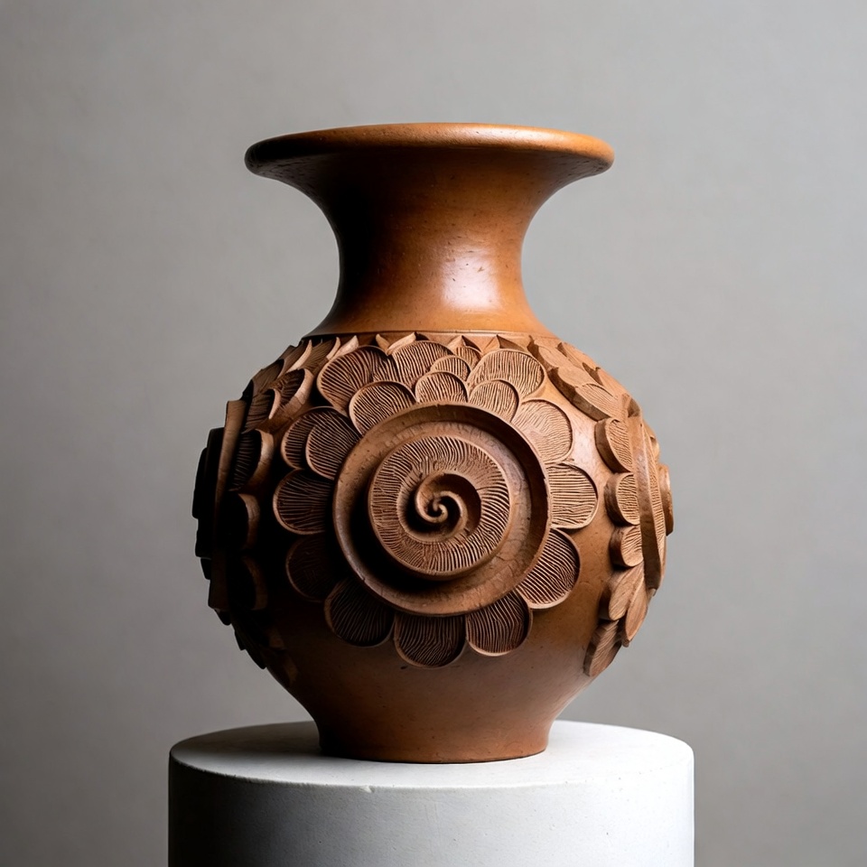 Carved Terracotta Vase with Floral Patterns Carved Terracotta Vase with Floral Patterns
