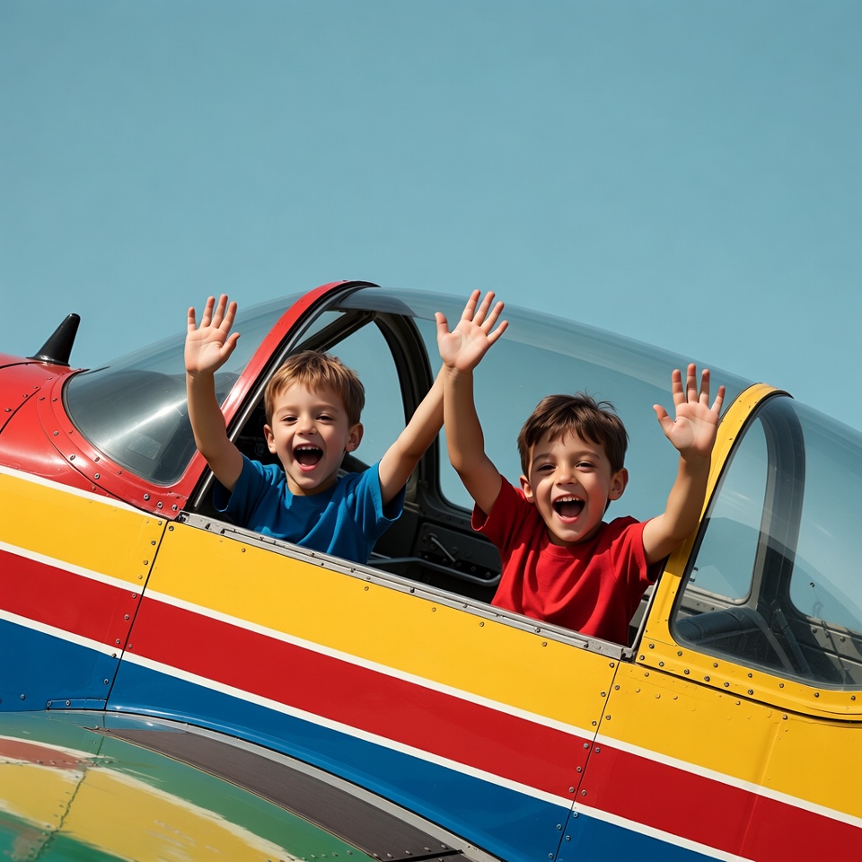 Two boys waving from colorful airplane Two boys waving from colorful airplane