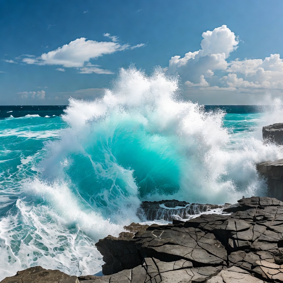 Massive turquoise wave crashing on rocks Massive turquoise wave crashing on rocks