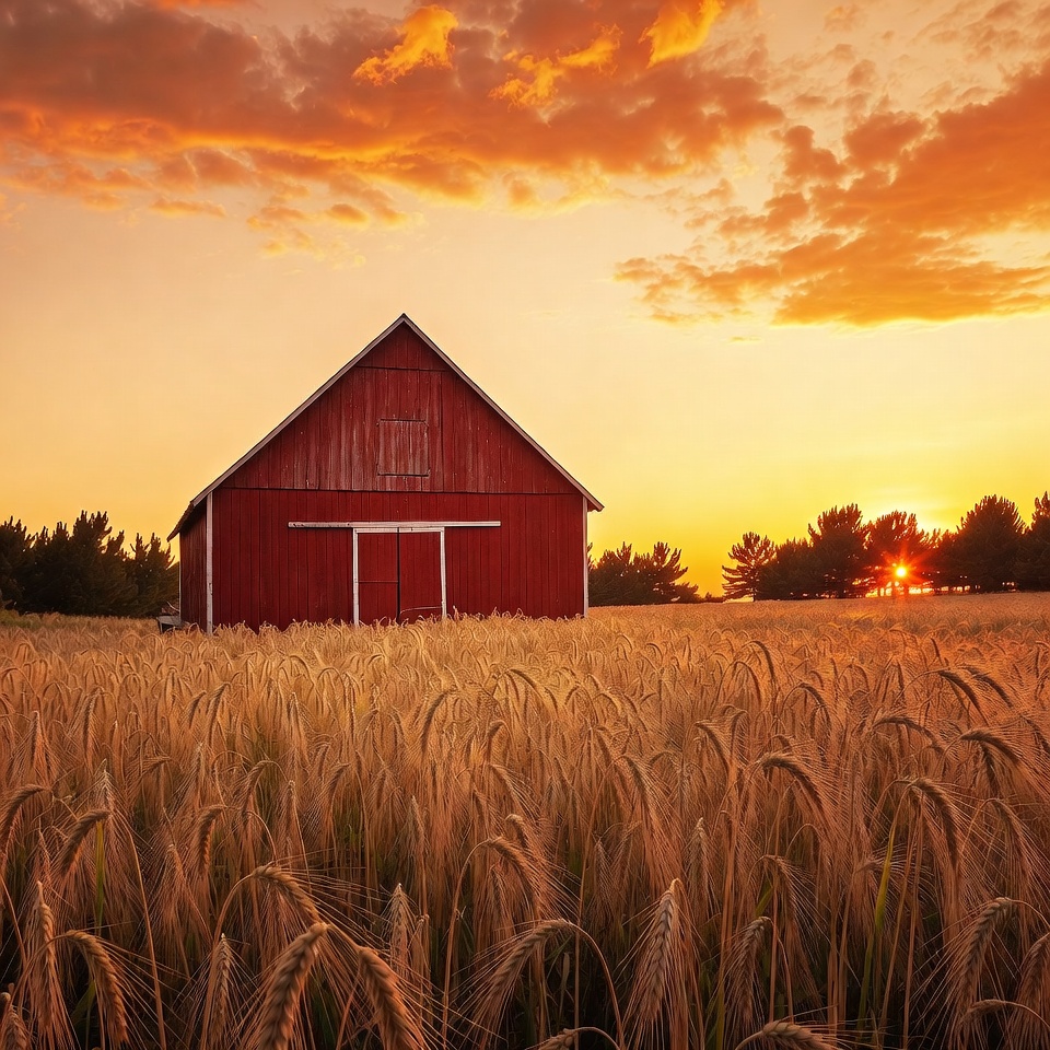 Red Barn in Wheat Field at Sunset Red Barn in Wheat Field at Sunset