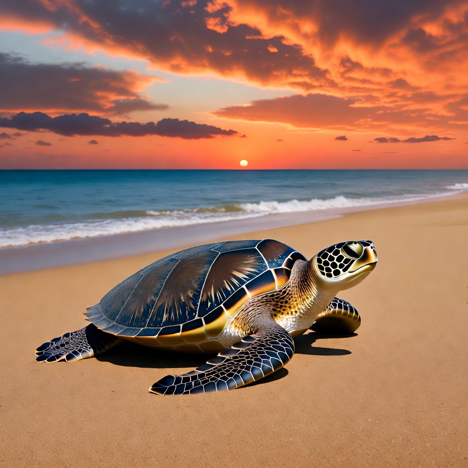 Sea Turtle on Beach at Sunset Sea Turtle on Beach at Sunset