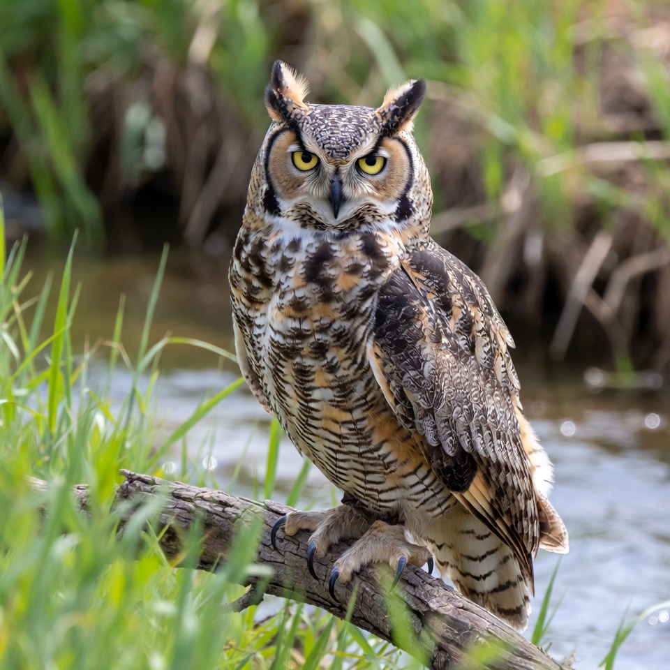 Great Horned Owl on riverside branch Great Horned Owl on riverside branch