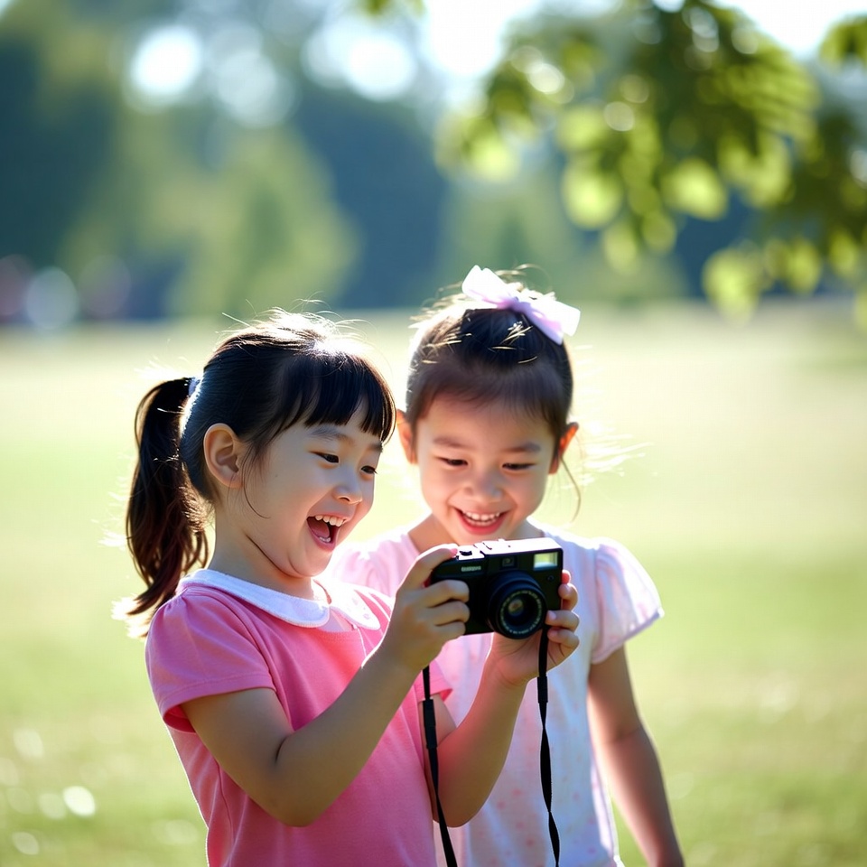 Asian girls holding camera outdoors Asian girls holding camera outdoors