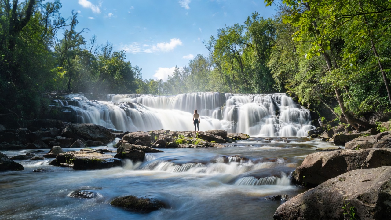 Woman standing before cascading waterfall Woman standing before cascading waterfall