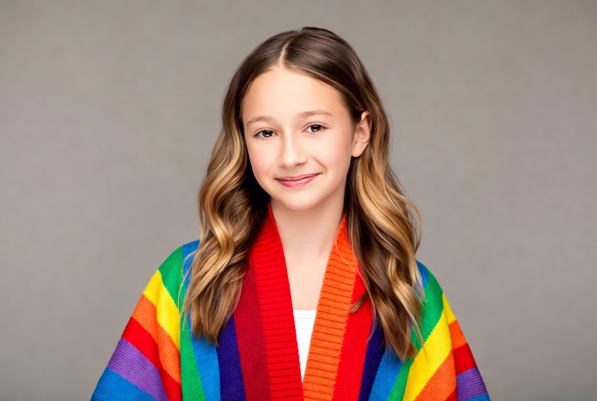 Girl wearing rainbow pride poncho Girl wearing rainbow pride poncho