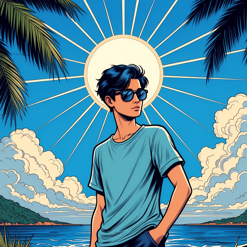 Young man with sunglasses on tropical beach Young man with sunglasses on tropical beach