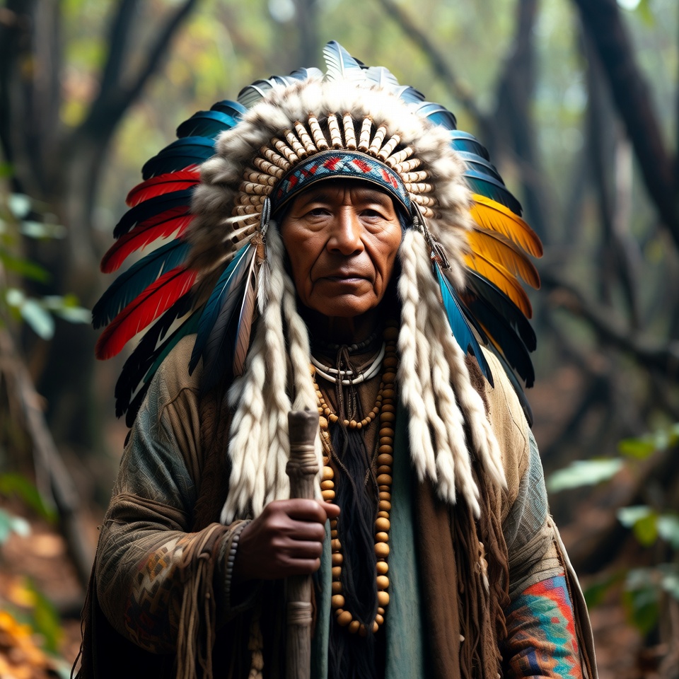 Native American chief in forest Native American chief in forest