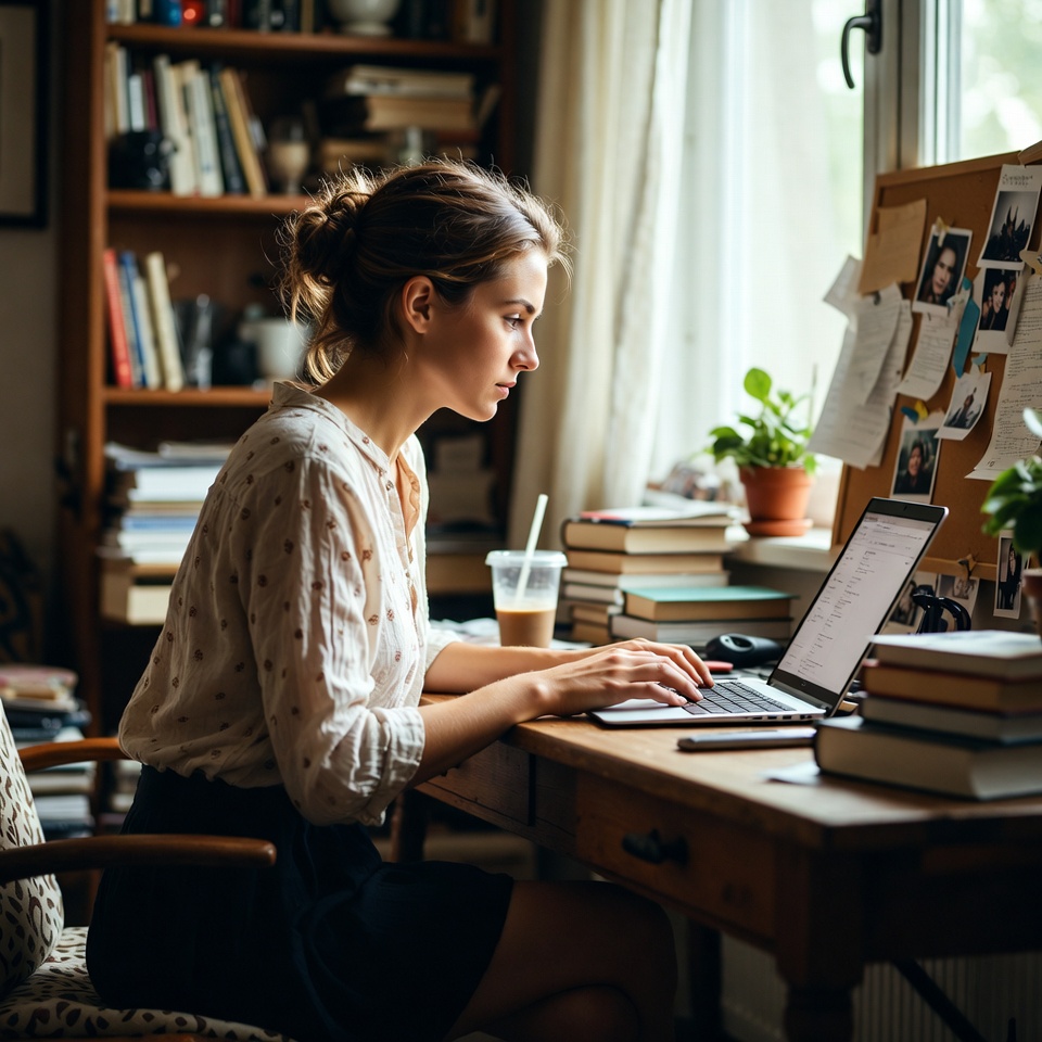 Woman working on laptop at desk Woman working on laptop at desk