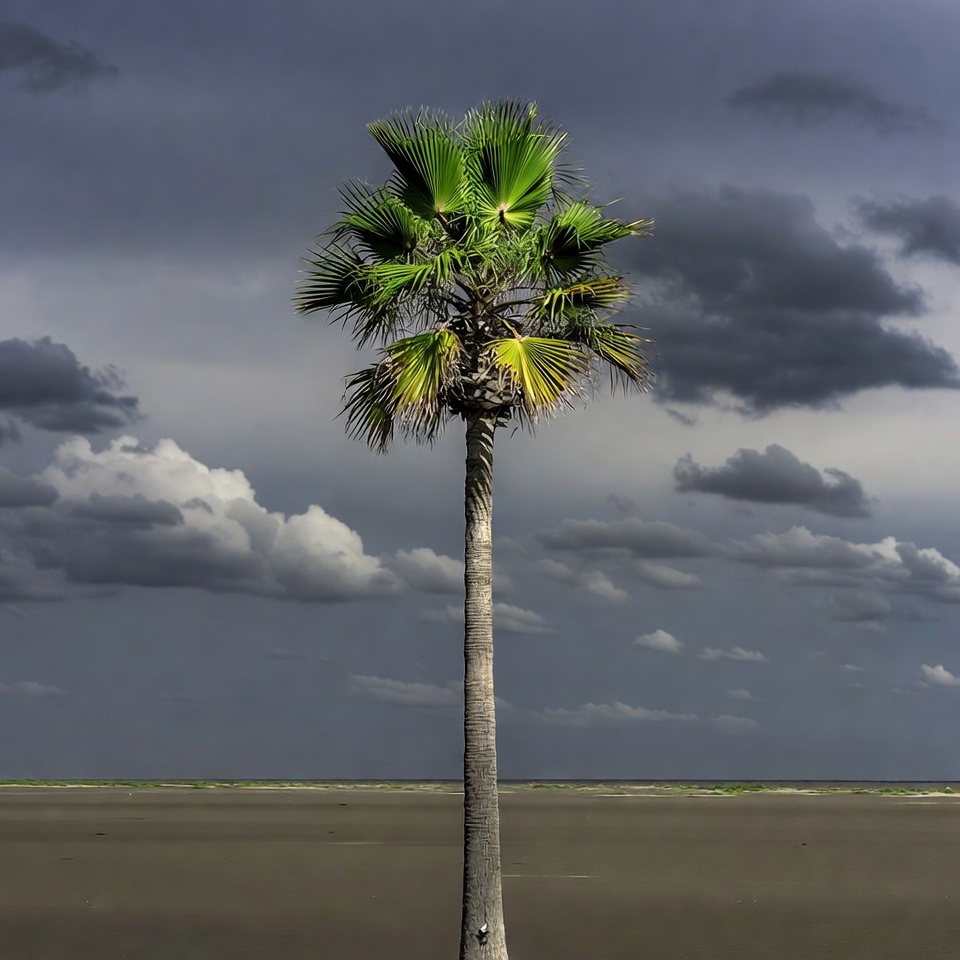 Tall Palm Tree in Stormy Beach Landscape Tall Palm Tree in Stormy Beach Landscape