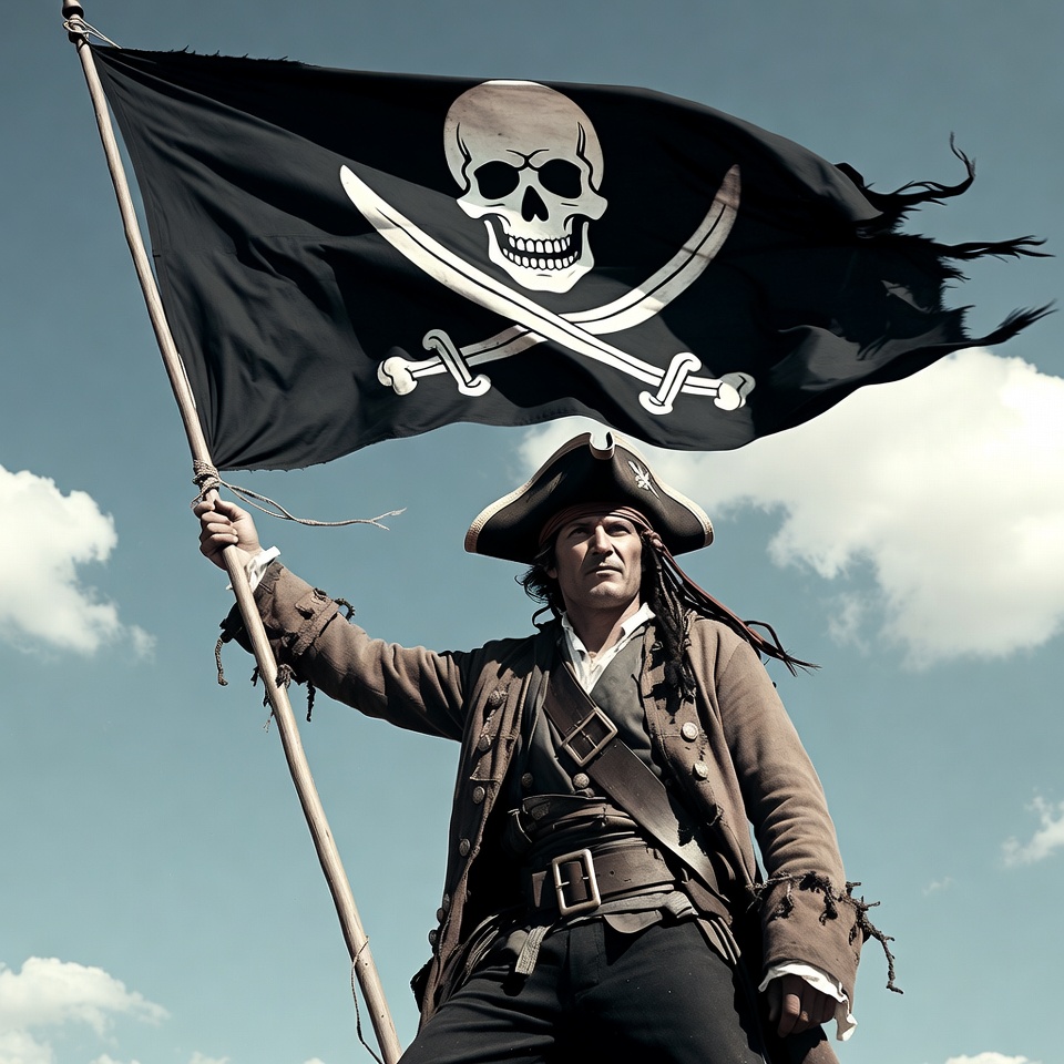 Pirate man holding Jolly Roger flag Pirate man holding Jolly Roger flag