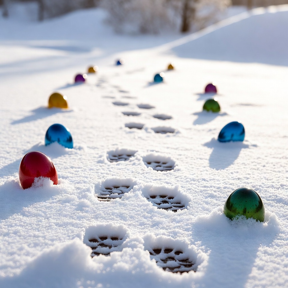 Colorful Easter Eggs Along Snow Footprints Colorful Easter Eggs Along Snow Footprints