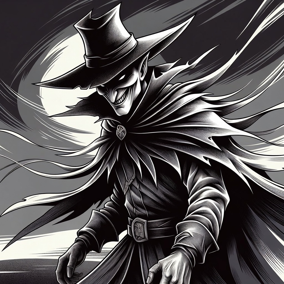 Sinister laughing man in hat and cloak Sinister laughing man in hat and cloak