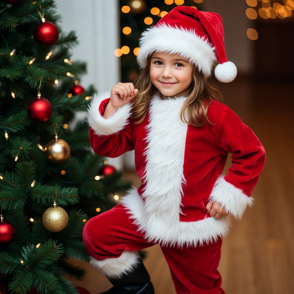 Girl in Santa costume by Christmas tree Girl in Santa costume by Christmas tree