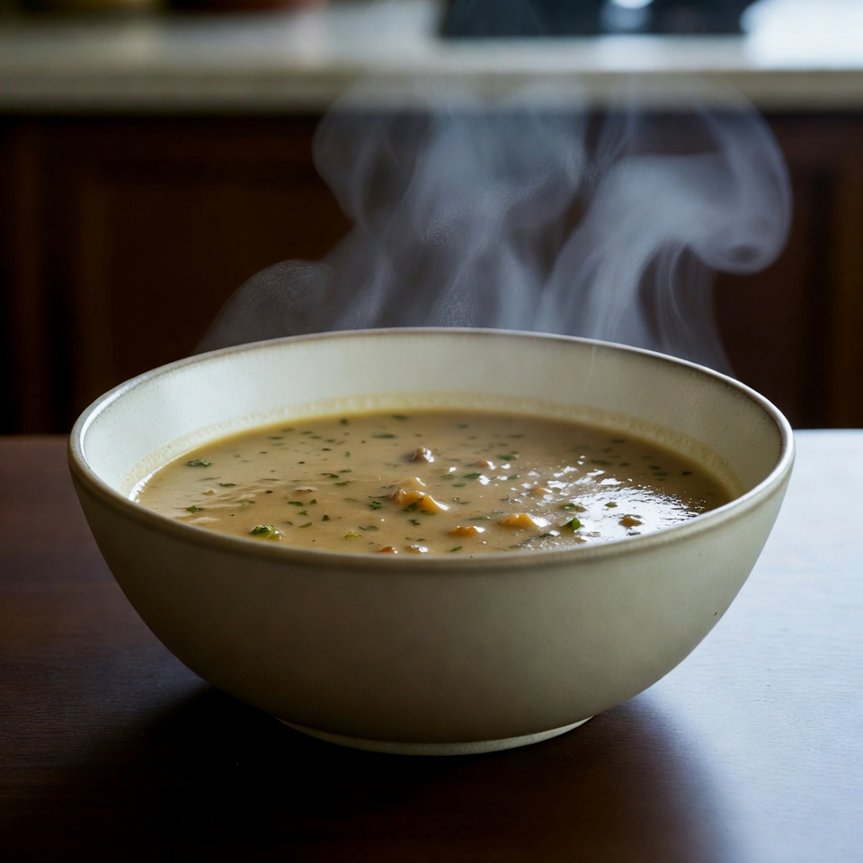 Steaming bowl of creamy mushroom soup Steaming bowl of creamy mushroom soup