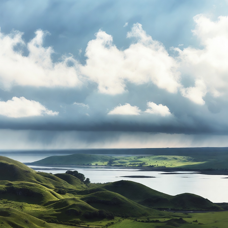 Green Hills and Lake Under Cloudy Sky Green Hills and Lake Under Cloudy Sky