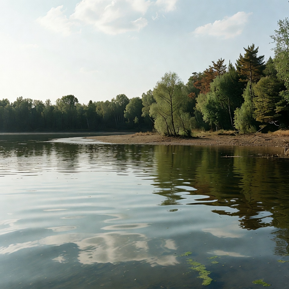 Serene lake with forested shore Serene lake with forested shore