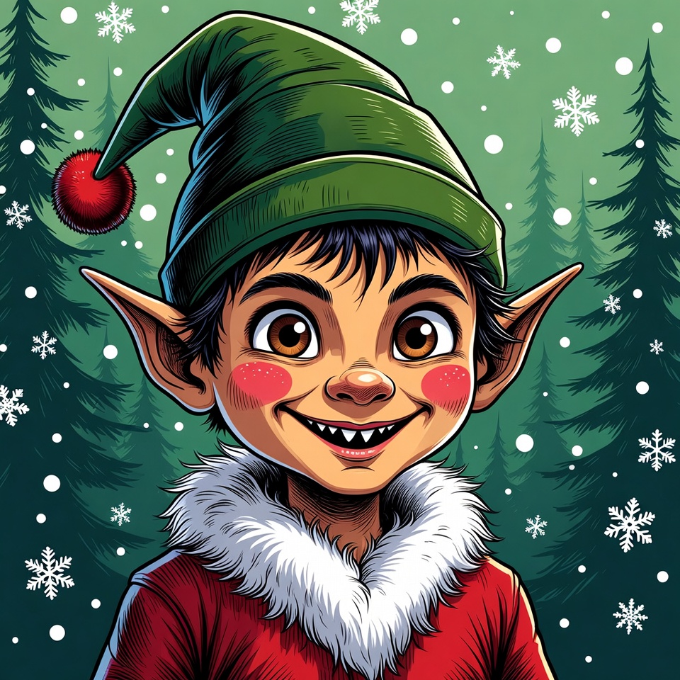 Cartoon Christmas Elf Smiling in Snowy Forest Cartoon Christmas Elf Smiling in Snowy Forest