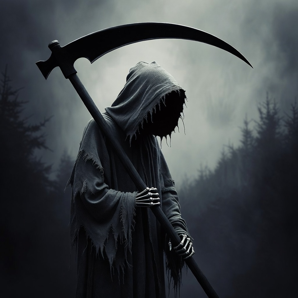 Grim Reaper with Scythe in Foggy Forest Grim Reaper with Scythe in Foggy Forest