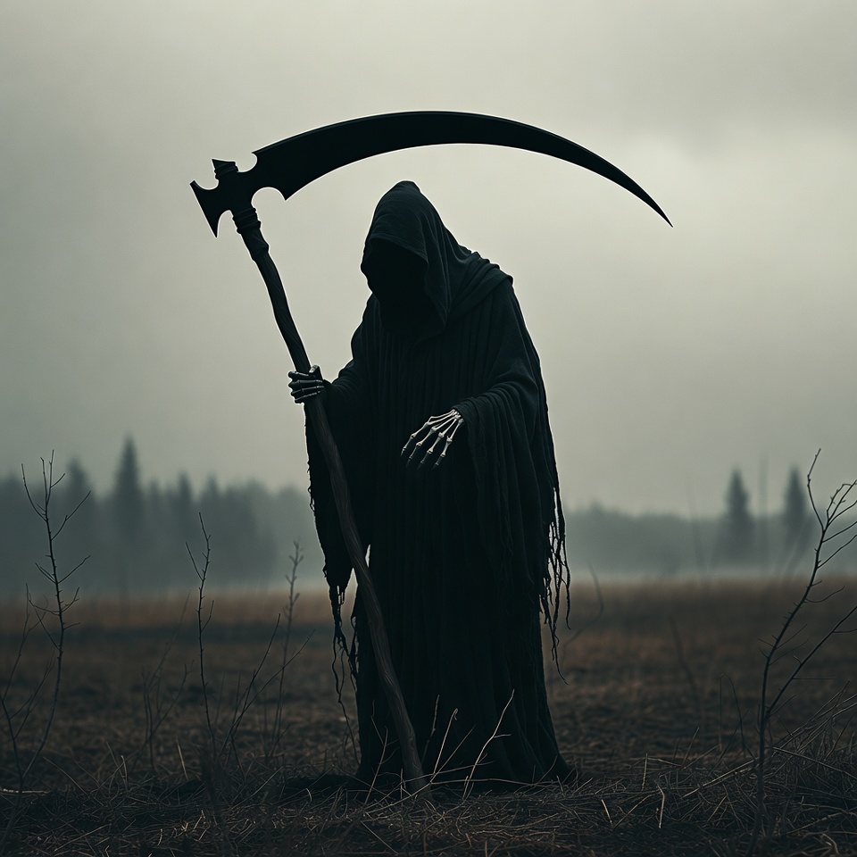 Grim Reaper with scythe in field Grim Reaper with scythe in field
