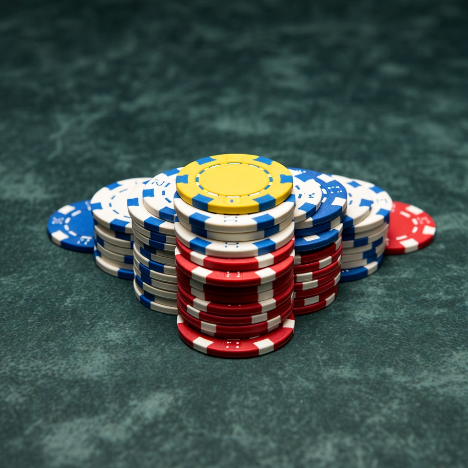 Colorful Poker Chips Stacked on Green Felt Colorful Poker Chips Stacked on Green Felt