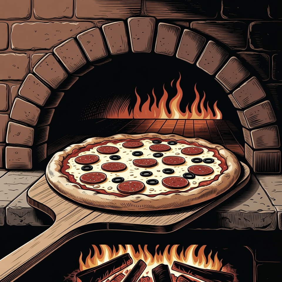 Pizza on Peel in Brick Oven Pizza on Peel in Brick Oven