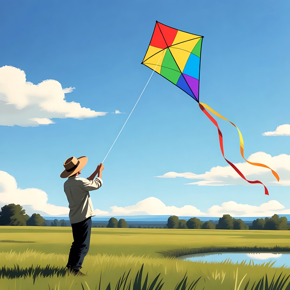Boy flying colorful kite in field Boy flying colorful kite in field