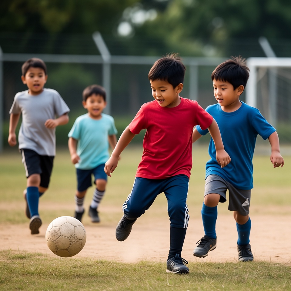 Asian boys playing soccer on field Asian boys playing soccer on field