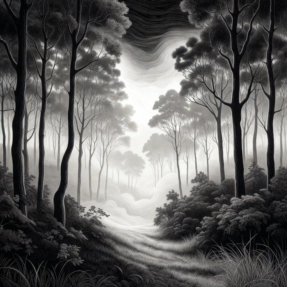 Misty Forest Path at Night Misty Forest Path at Night