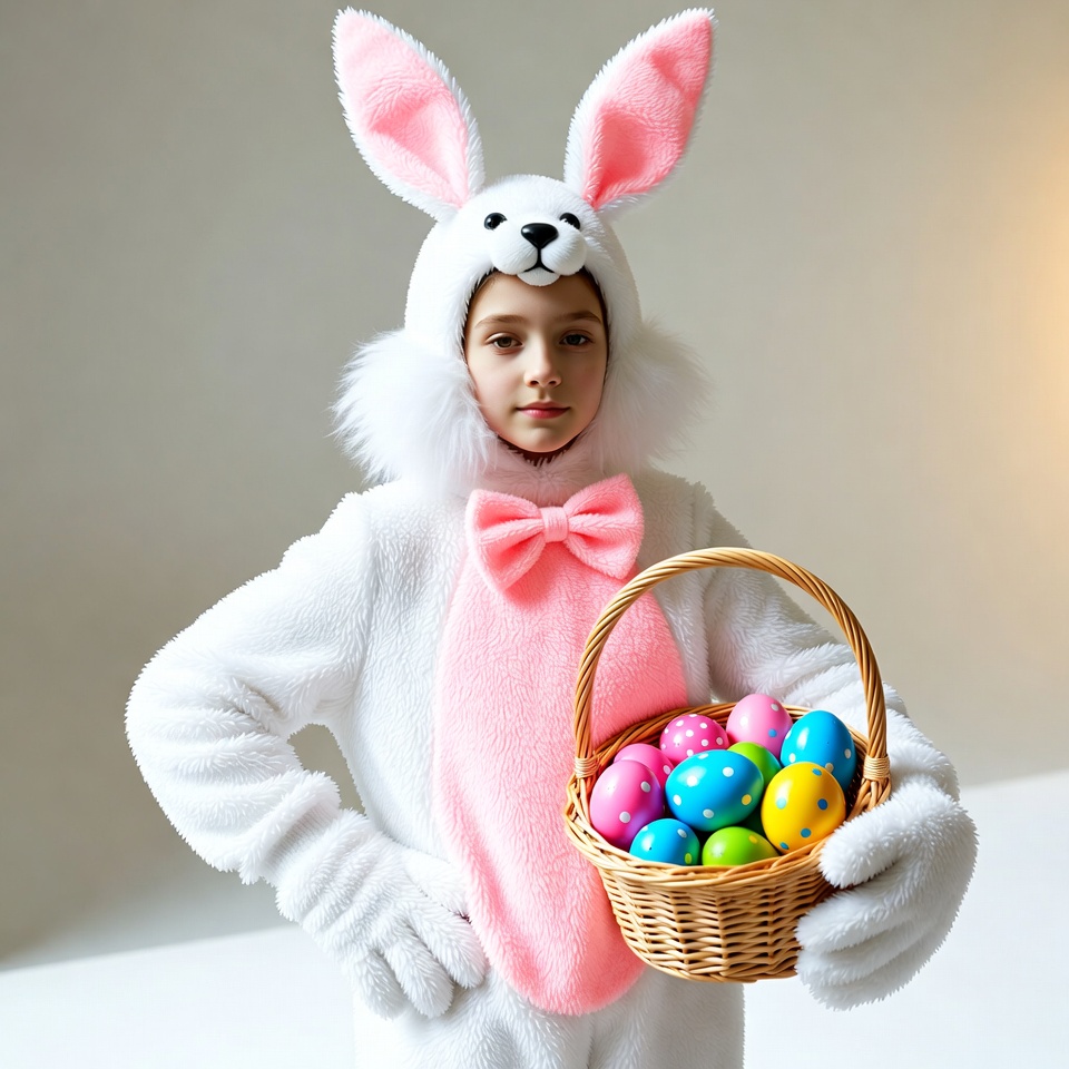 Girl in bunny costume holding Easter eggs Girl in bunny costume holding Easter eggs