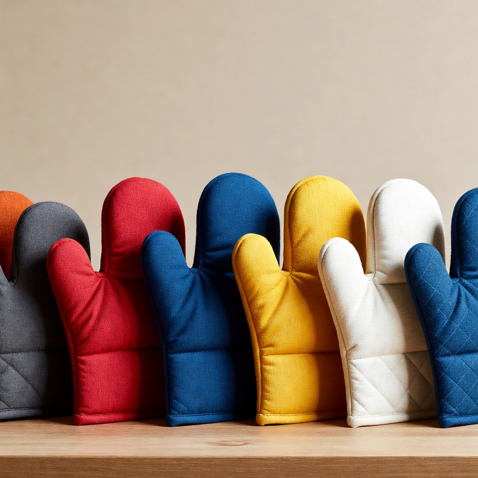 Colorful Oven Mitts on Wooden Surface Colorful Oven Mitts on Wooden Surface