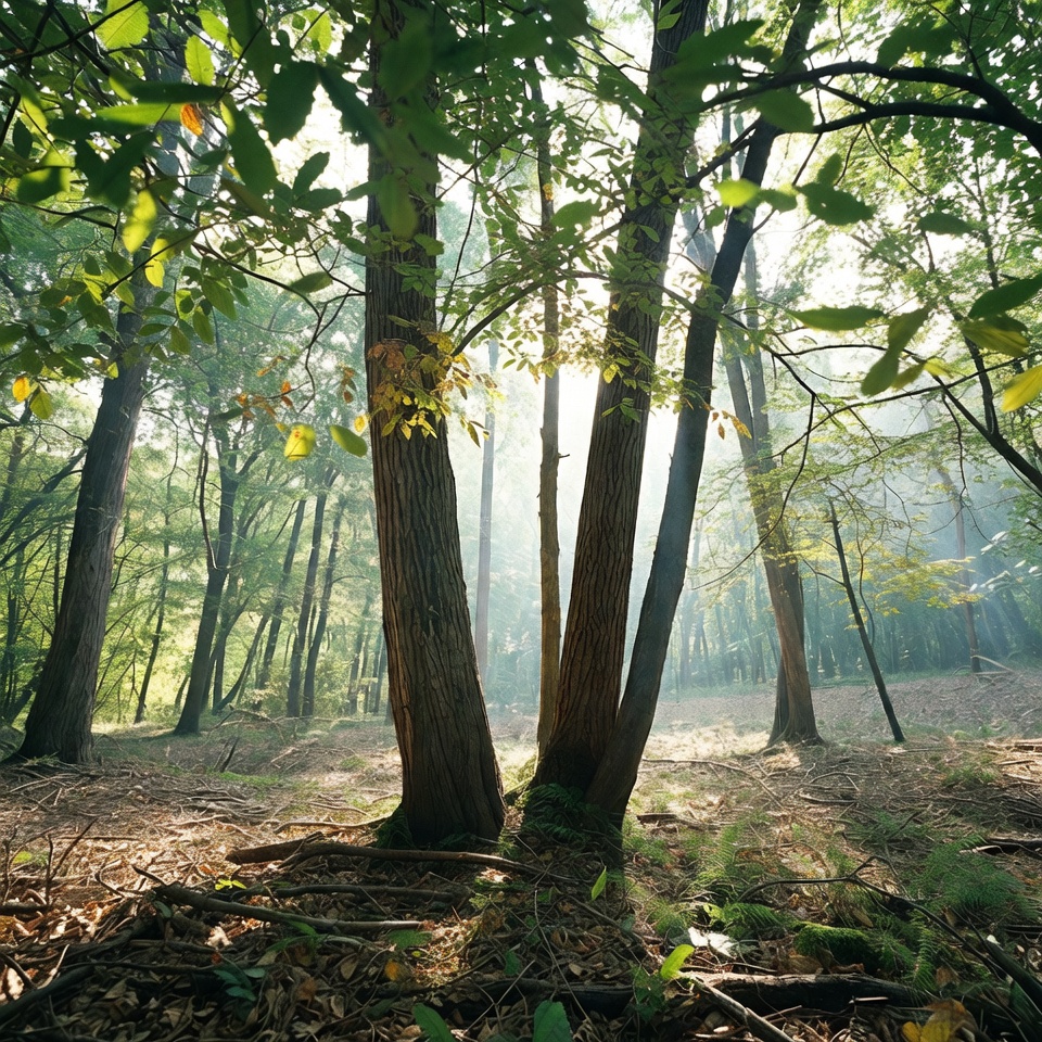 Sunlight Filtering Through Forest Trees Sunlight Filtering Through Forest Trees
