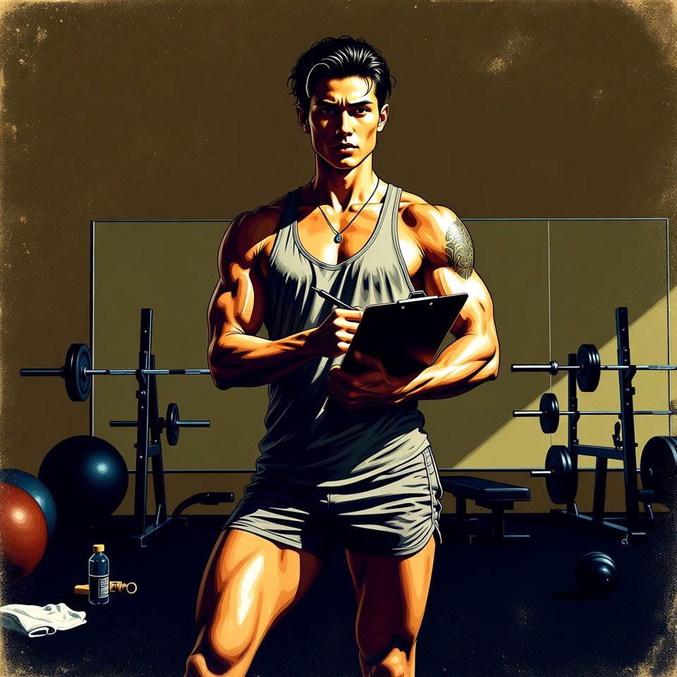 Muscular Asian man holding clipboard in gym Muscular Asian man holding clipboard in gym