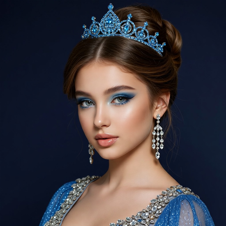 Woman wearing blue crown and gown Woman wearing blue crown and gown