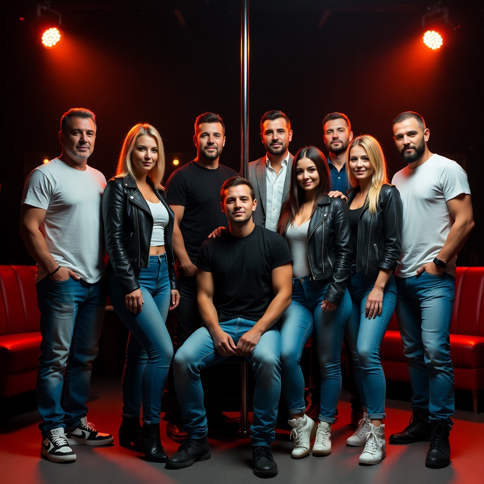 Group posing by stripper pole Group posing by stripper pole
