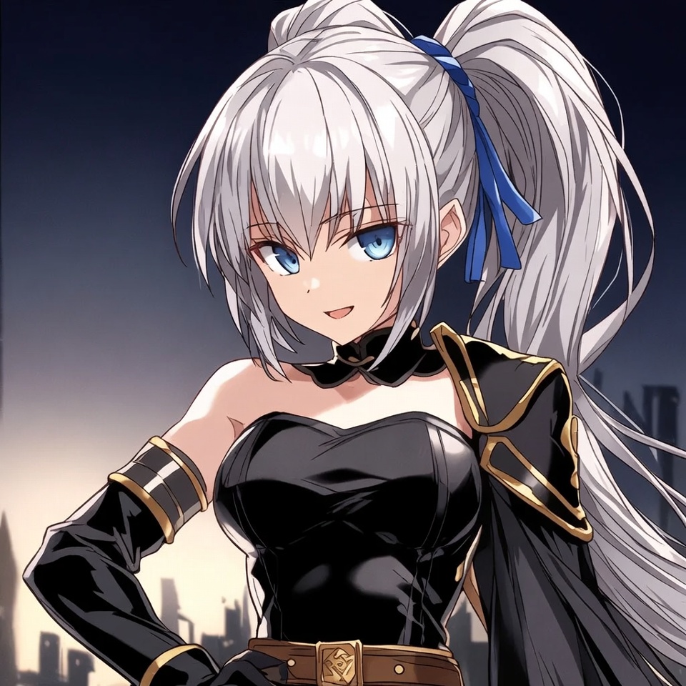 Anime girl with white ponytail in black armor Anime girl with white ponytail in black armor
