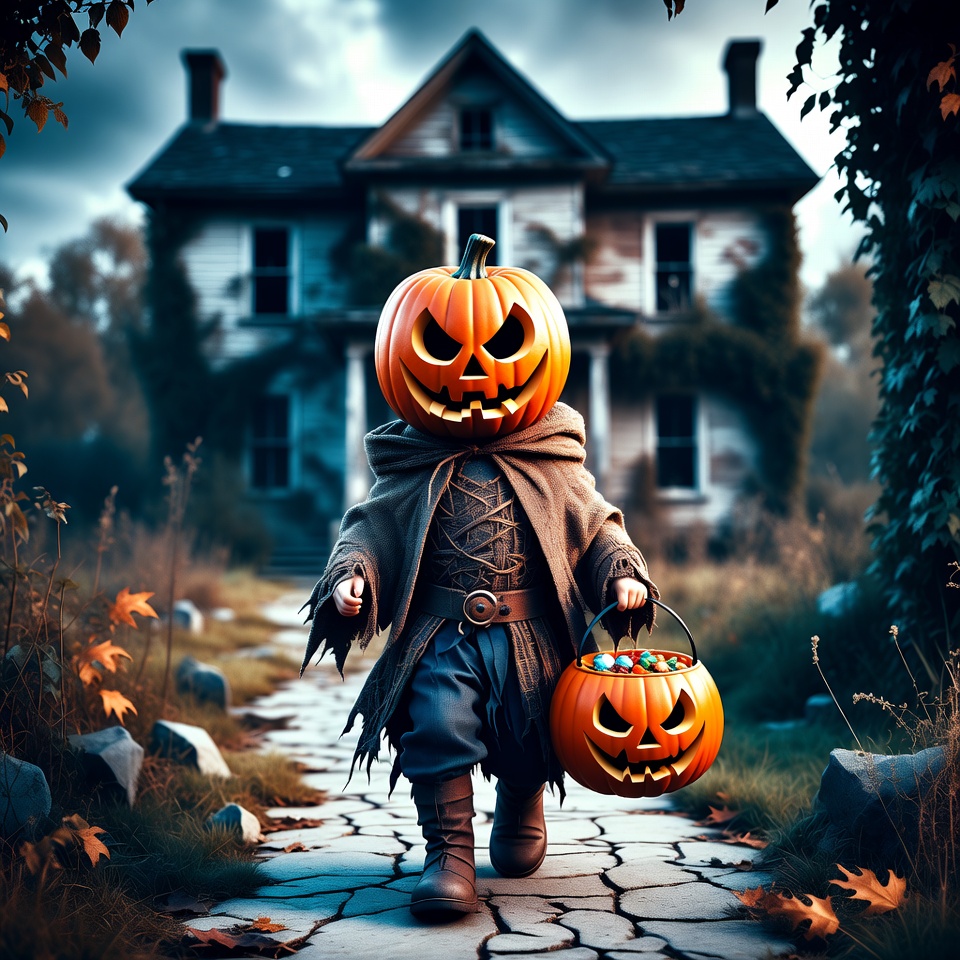 Boy in pumpkin head costume trick-or-treating haunted house Boy in pumpkin head costume trick-or-treating haunted house