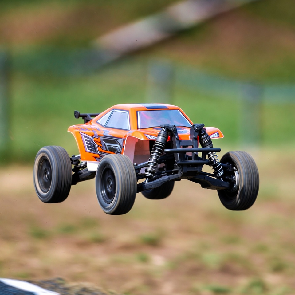 Orange RC Buggy Jumping Mid-Air Orange RC Buggy Jumping Mid-Air