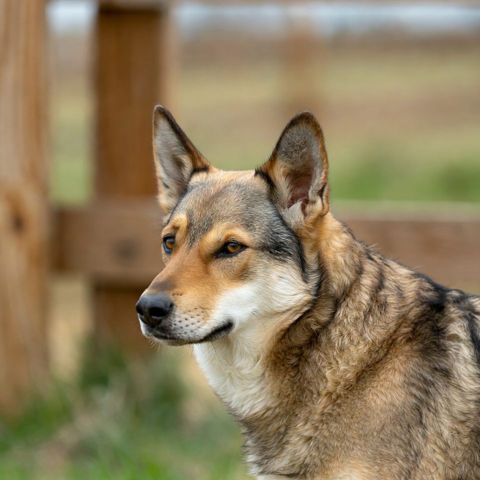 Czechoslovakian Wolfdog by wooden fence Czechoslovakian Wolfdog by wooden fence