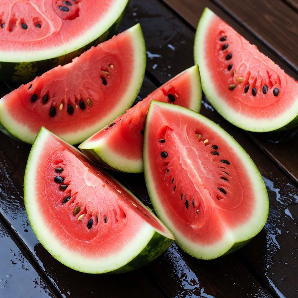 Fresh watermelon slices on wooden table Fresh watermelon slices on wooden table