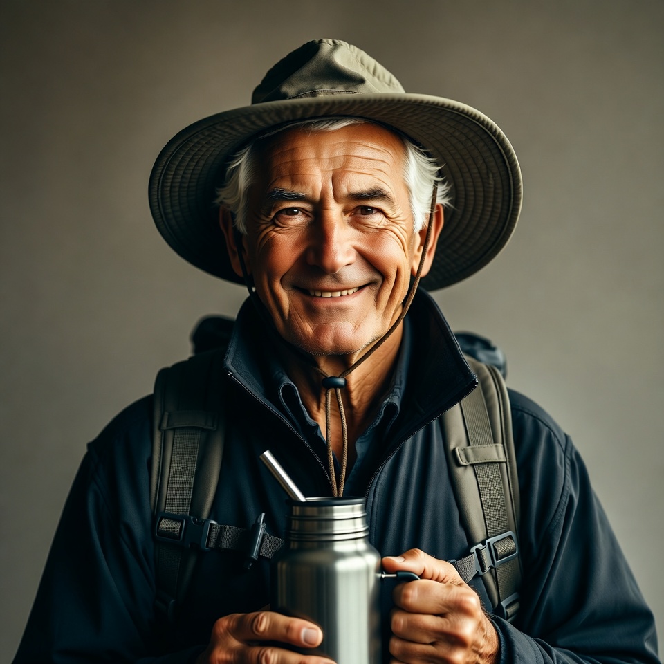 Elderly man with backpack holding metal water bottle Elderly man with backpack holding metal water bottle