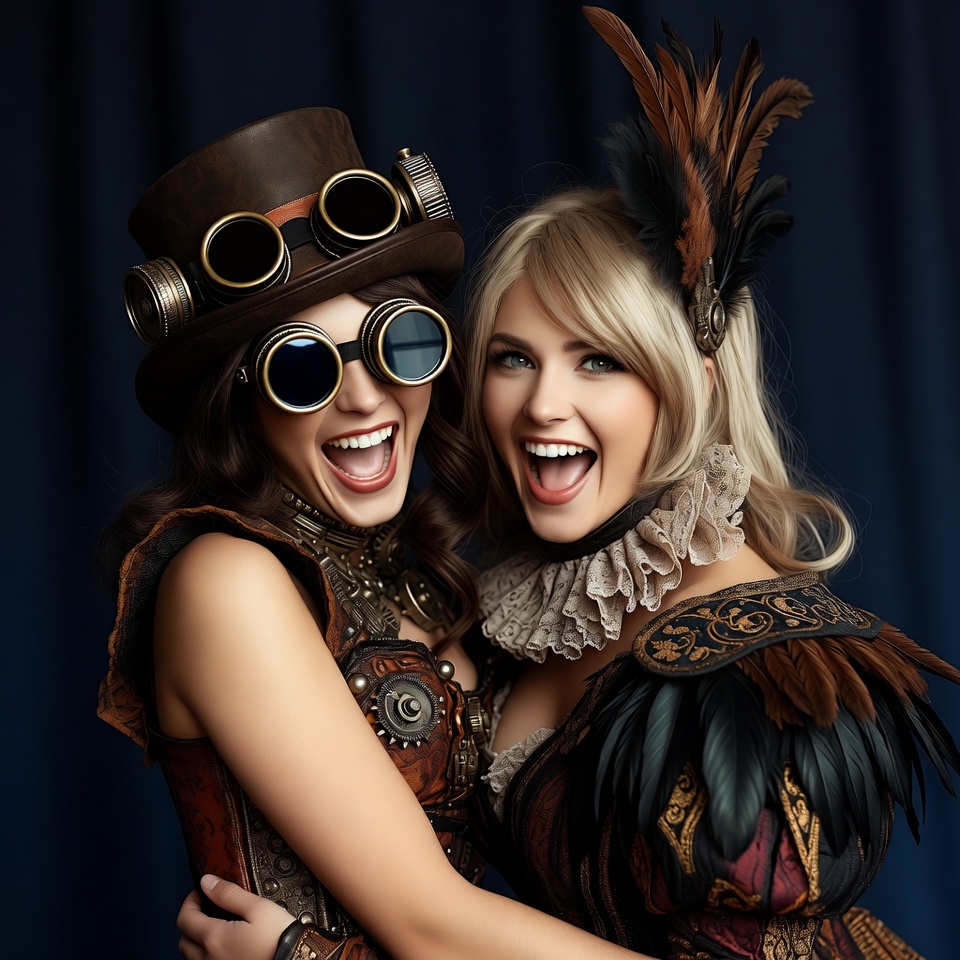 Two Women in Steampunk Costumes Laughing Two Women in Steampunk Costumes Laughing