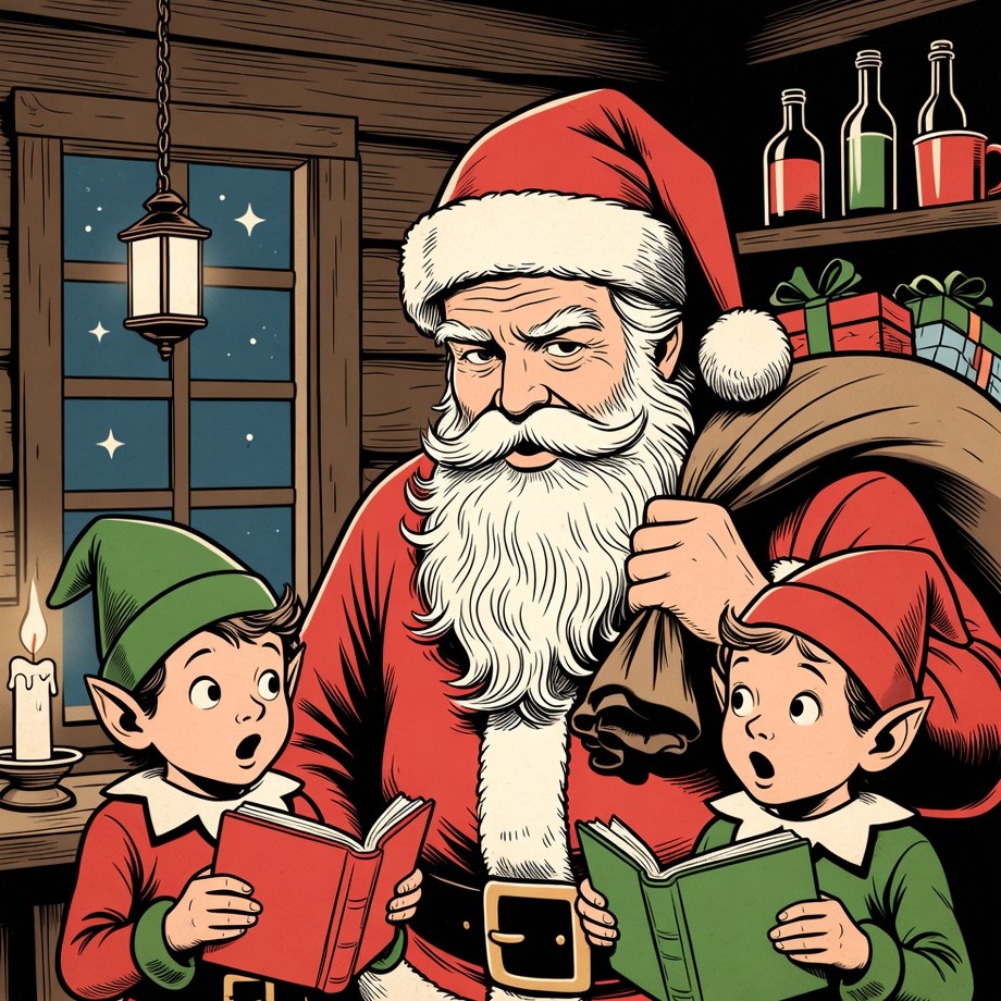 Santa reading with elves Santa reading with elves