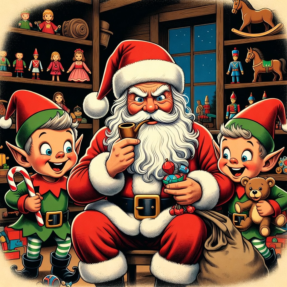 Santa Claus with Elves in Toy Workshop Santa Claus with Elves in Toy Workshop